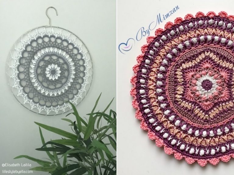 Two pictures of a mandala crocheted with free patterns hanging on a wall.