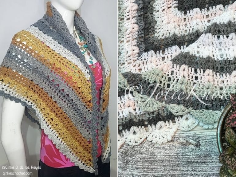 A crocheted shawl with flowers and a mannequin available in free crochet patterns.