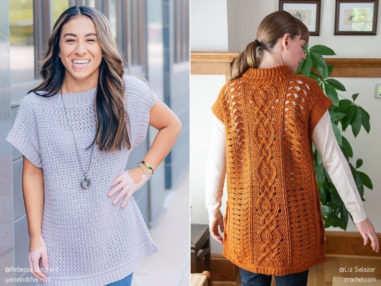 Two pictures of a woman wearing a pullover sweater.