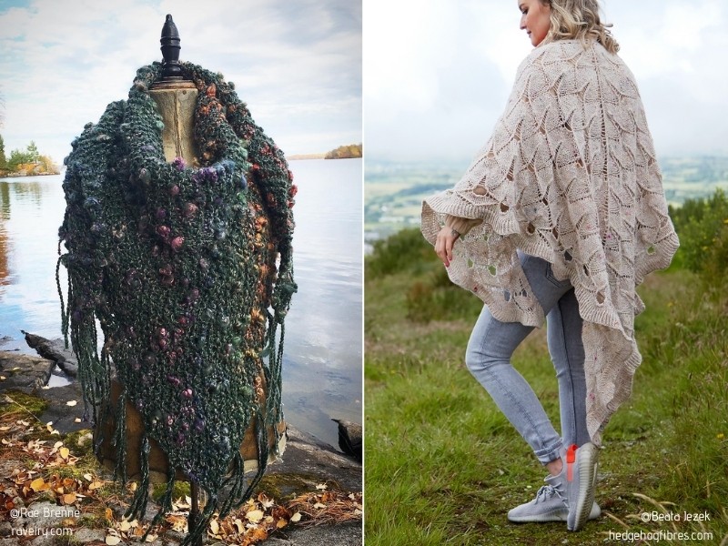 Two pictures of a woman wearing a knitted shawl that wraps around her.