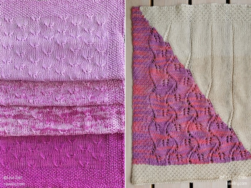 A pink, purple, and white knitted blanket.