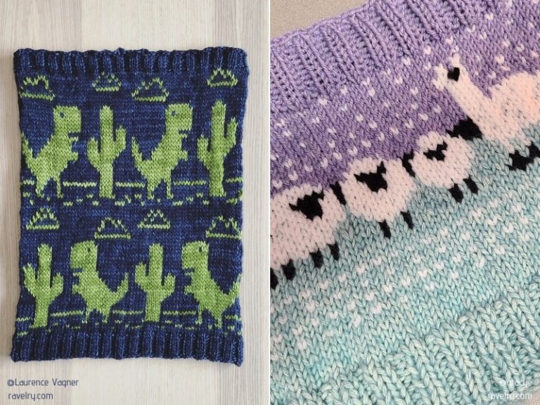 Two pictures of a knitted cowl with a cactus and a sheep.