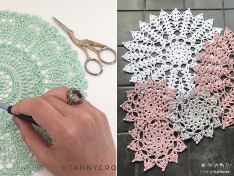 A person is making a crochet mandala with scissors.