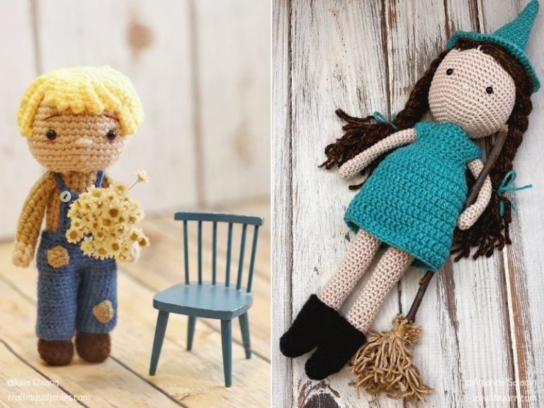 Two crocheted dolls with broom.