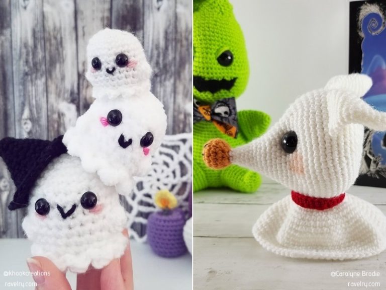 Two pictures of Halloween amigurumi ghosts.