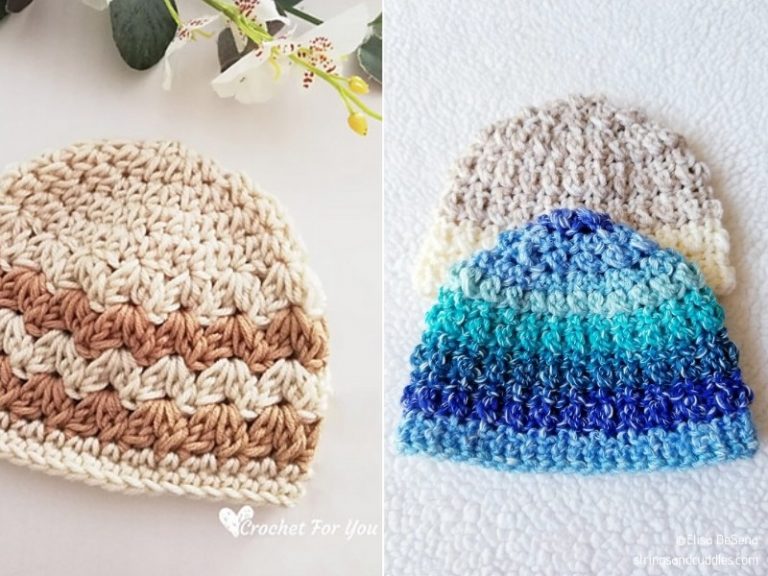 Three pictures of crochet baby beanies on a white blanket.