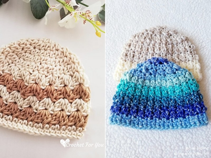 Three pictures of crochet baby beanies on a white blanket.