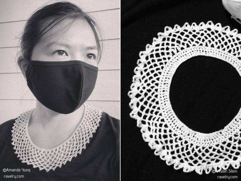 A woman wearing a mask and a crocheted collar necklace.