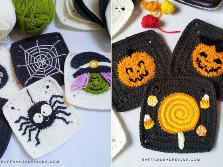 Crocheted halloween granny squares with a spider and a spider web.