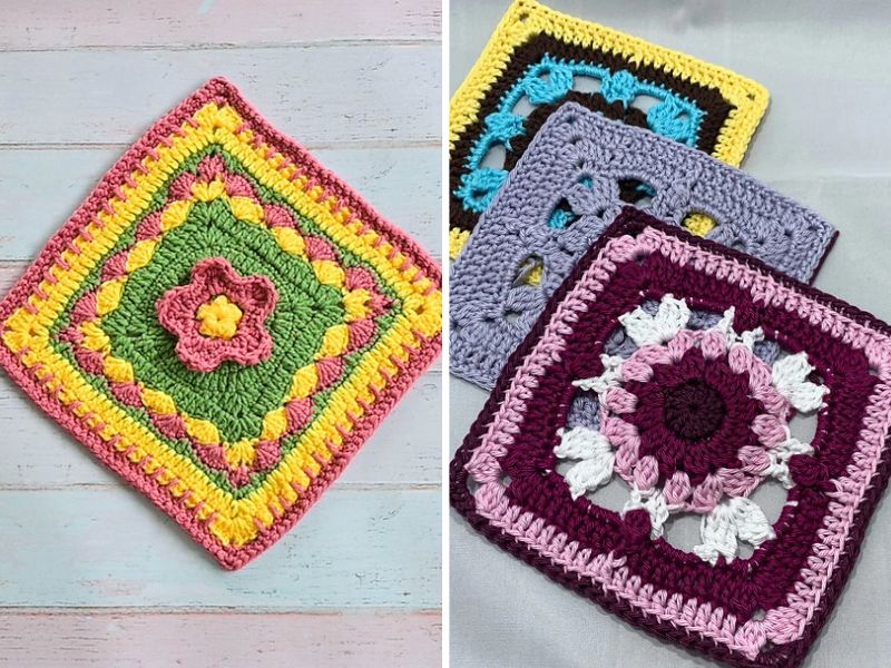 crochet granny squares with floral motifs