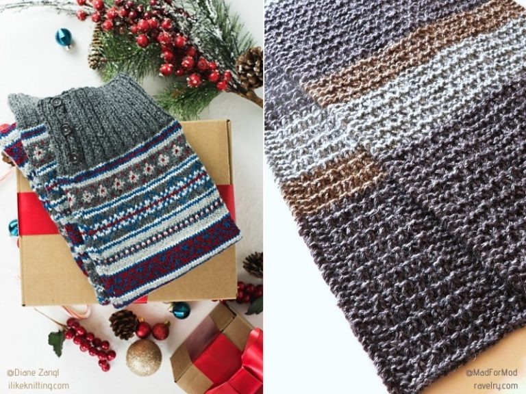 Two pictures of knitted scarves with Christmas decorations and patterns.