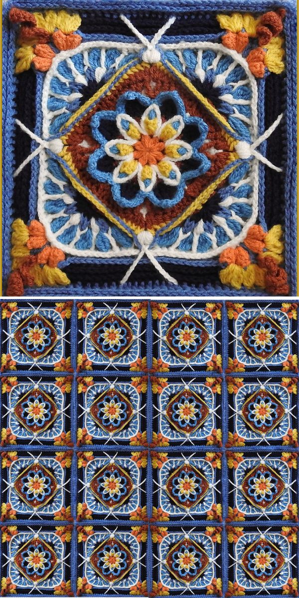 colorful ornamental crochet square with floral center