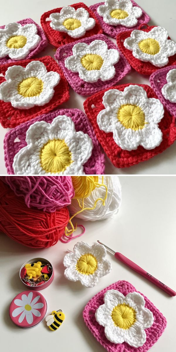 red crochet square with 3D floral center