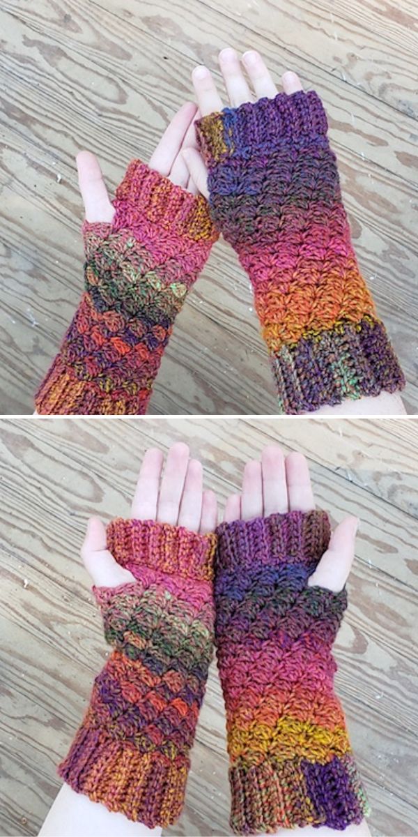 crochet fingerless gloves in multicolored yarn