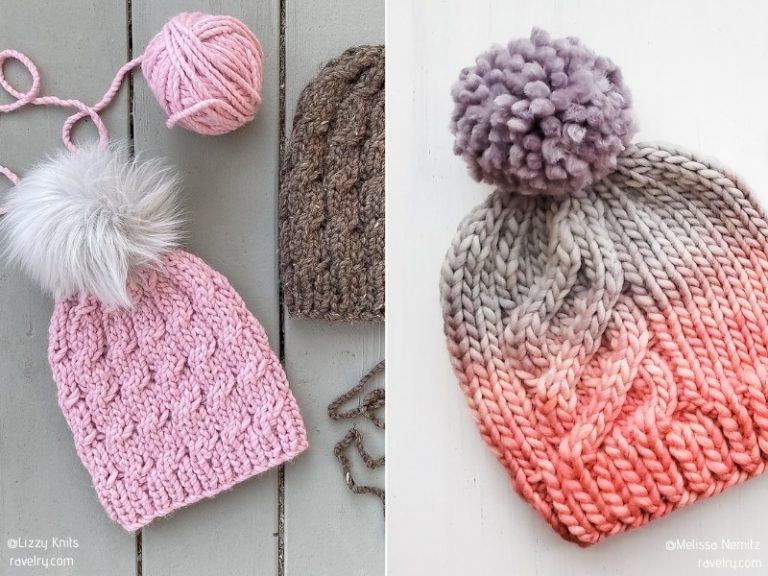 Two knitted beanies with yarn and pom poms.