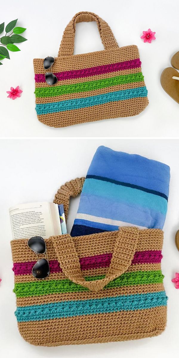striped crochet bag laid flat with and without things inside
