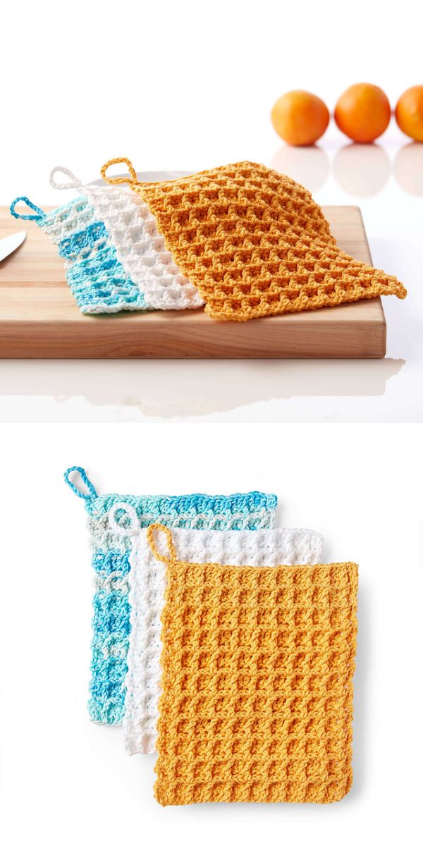 three crochet waffle stitch dishcloths in various colors