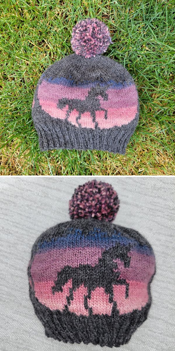a knitted hat with a pompom and a colorwork in the shape of a unicorn