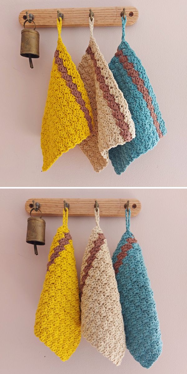 three crochet washcloths in different colors on the hangers