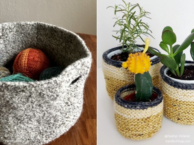 Two pictures of free knitting patterns for baskets with yarn and a cactus.