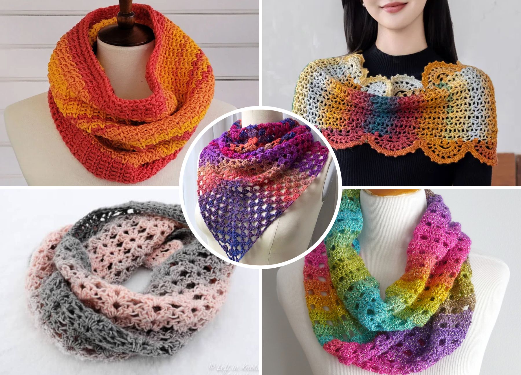 A vibrant collage showcases five colorful crochet cowls, each with unique patterns and hues, beautifully displayed on mannequins and models.