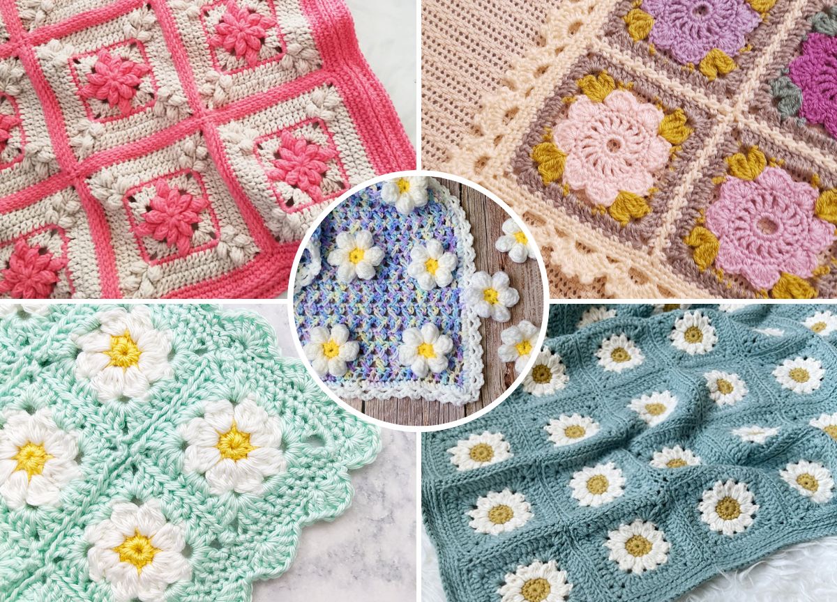 Collage of various crochet baby blankets with floral motifs in pastel colors, including pink, beige, mint green, and blue.