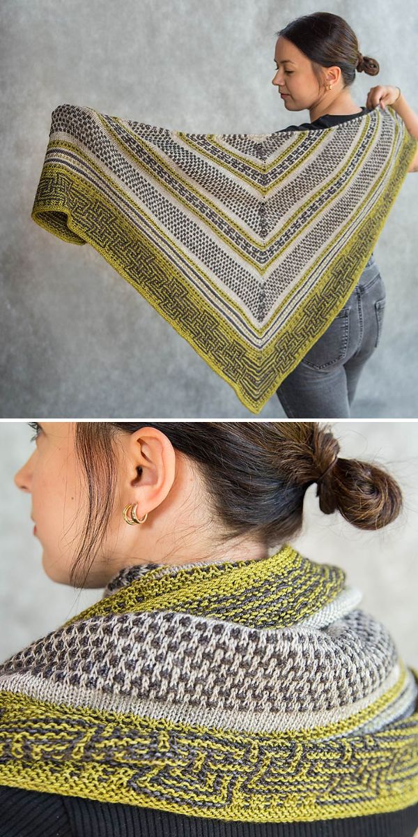 a woman presenting a shawl with stripes