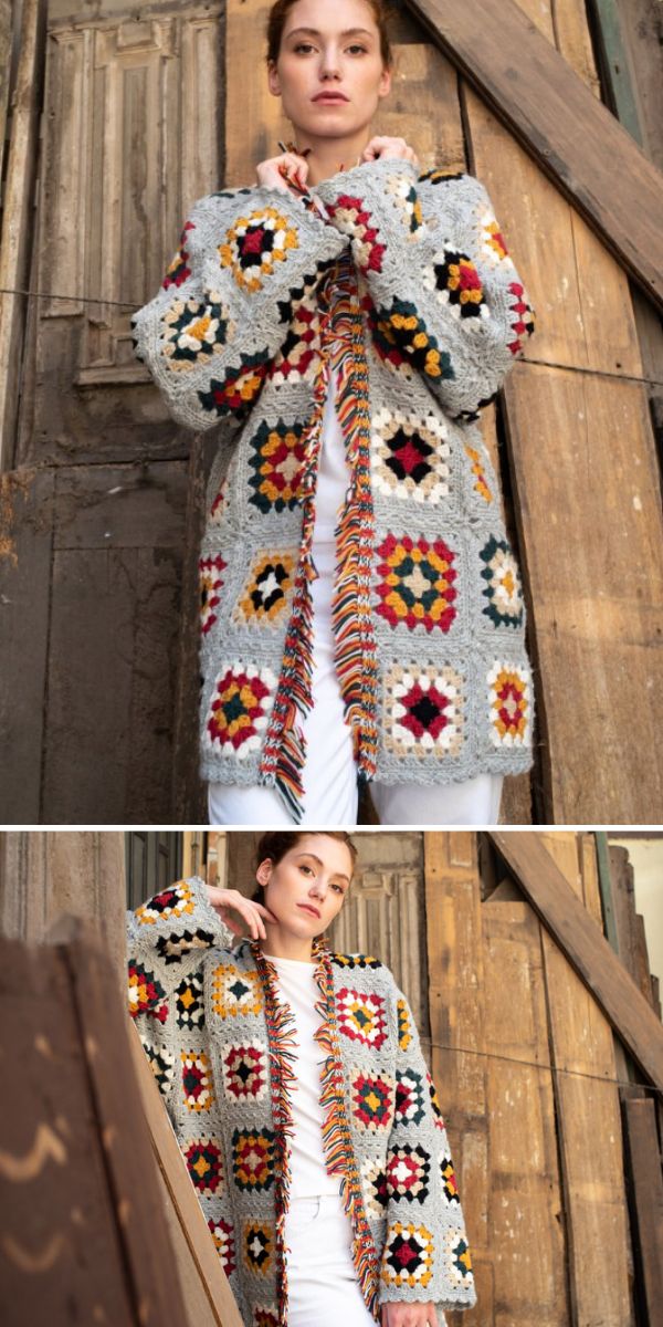 a woman in a long crochet cardigan made with granny squares