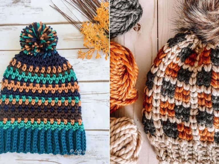 Two pictures of knitted slouchy hats with pom poms.