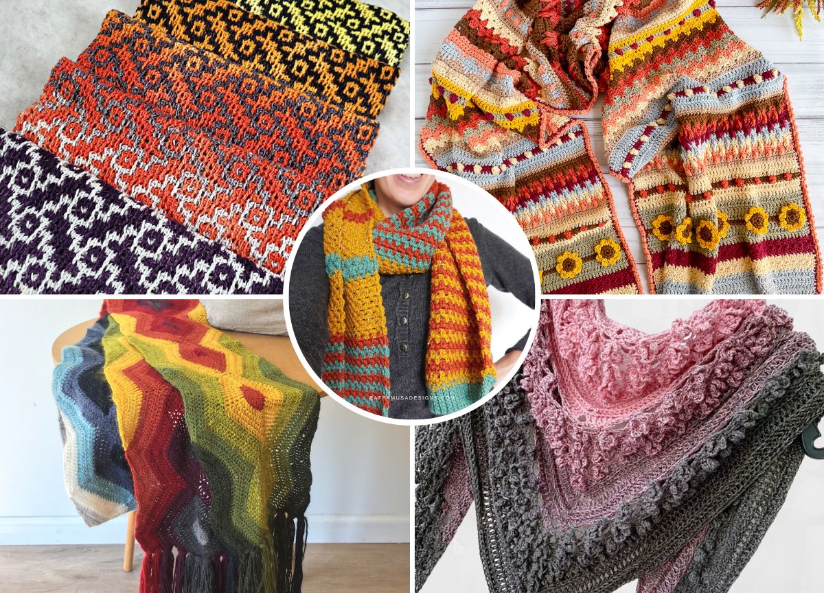 A collage of colorful, patterned crochet shawls and scarves showcases various intricate designs and vibrant colors.