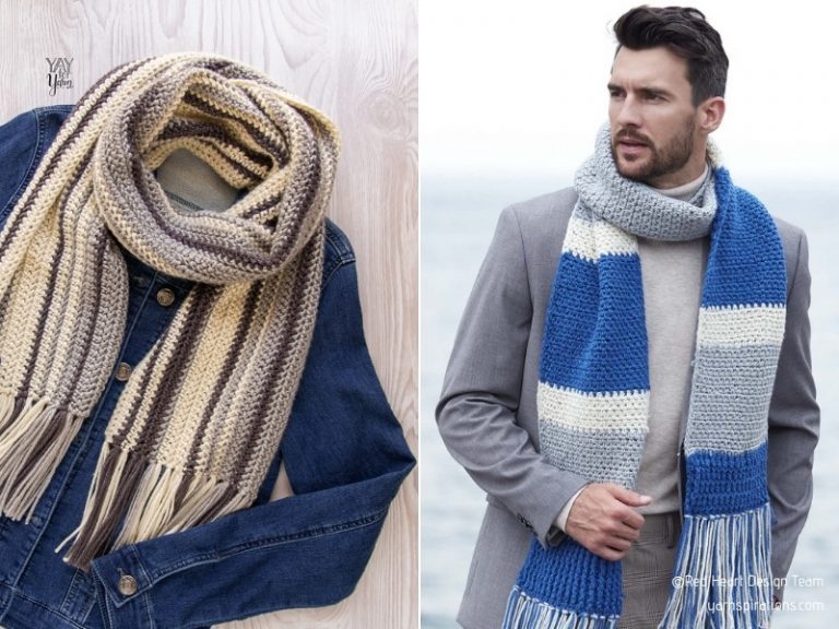 Two pictures of a man wearing a blue and white crochet men's scarf.