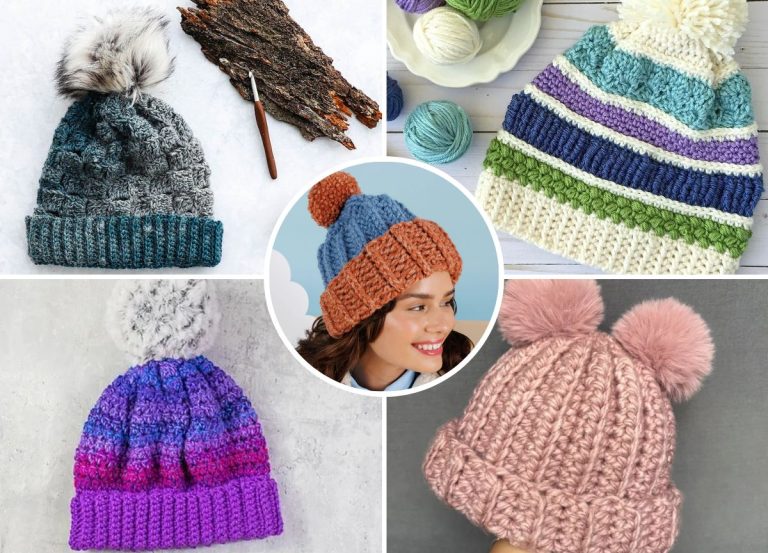 a collage featuring crochet winter hats with different colors and textures
