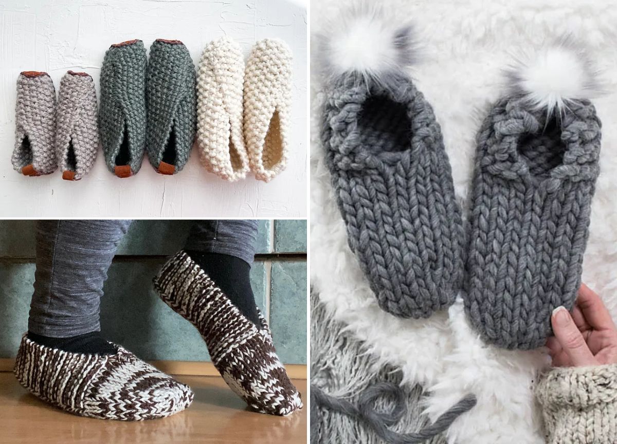 Three images of cozy knitted slippers: a row of assorted sizes, a pair in gray adorned with pom-poms, and stylish black-and-white ones warming feet against a wall.