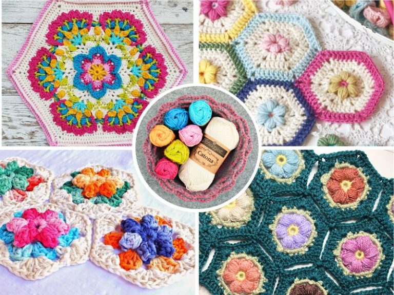 A collage of colorful crocheted hexagon motifs and a yarn set in the center, showcasing various crochet patterns, textures, and a charming seahorse amigurumi.