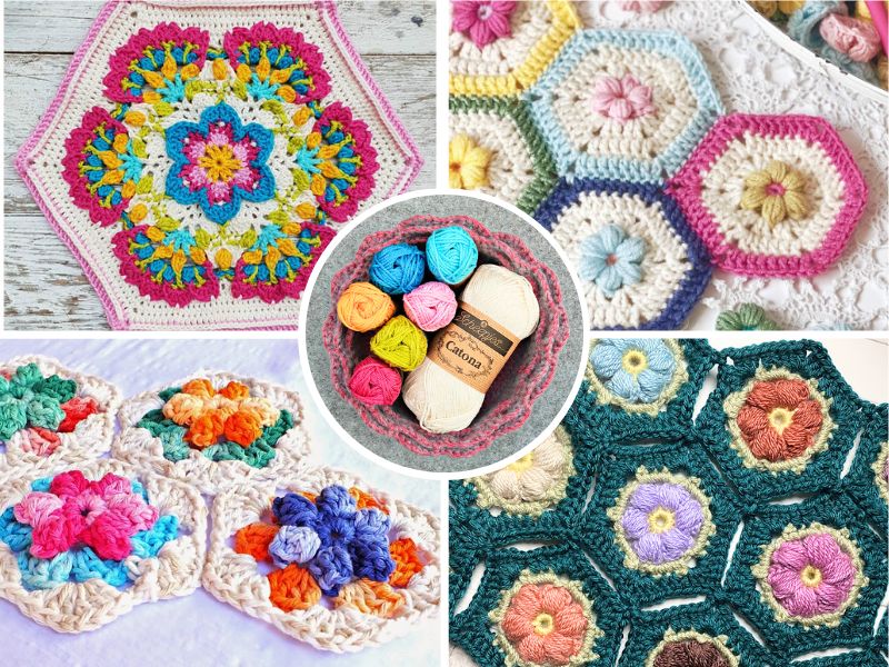 Crochet Pattern Yarn and Colors Flower Hexagon Baby Blanket