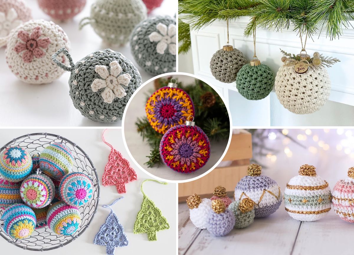 A collage of crocheted ornaments showcases Christmas baubles, including colorful balls and small trees, all in various patterns.