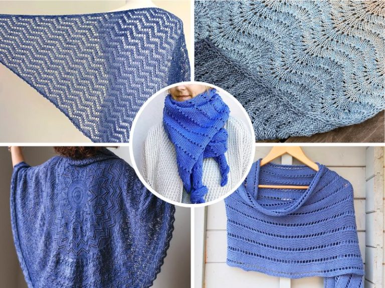 Collage of five different blue knit shawls with various lace patterns, displayed on hangers, worn by a model, and laid flat, alongside a charming seahorse amigurumi for a playful touch.