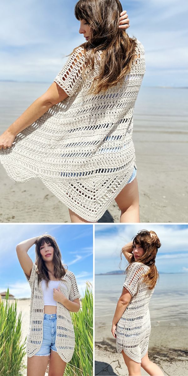 a woman on the beach in an ecru crocheted vest
