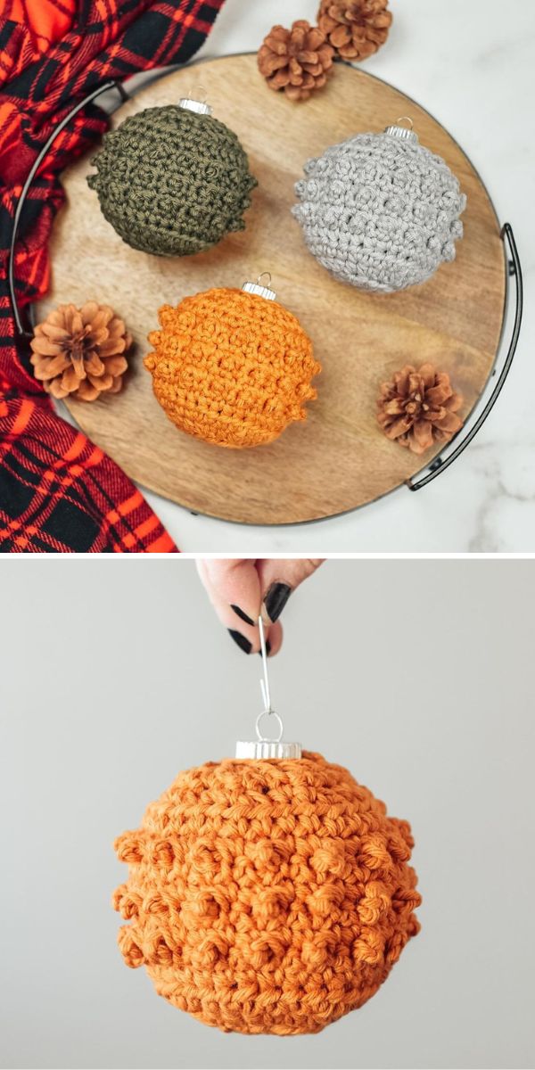 Crocheted pumpkin ornaments on a tray, perfect for adding a festive touch to your Christmas baubles.