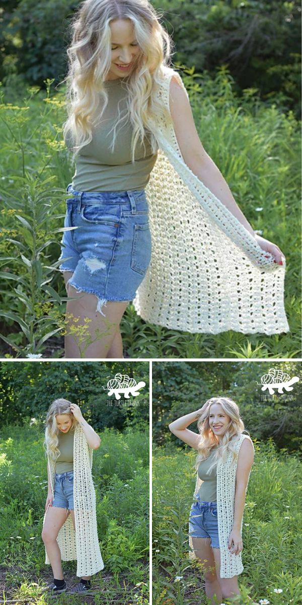 a woman in a long crocheted vest with greenery backround