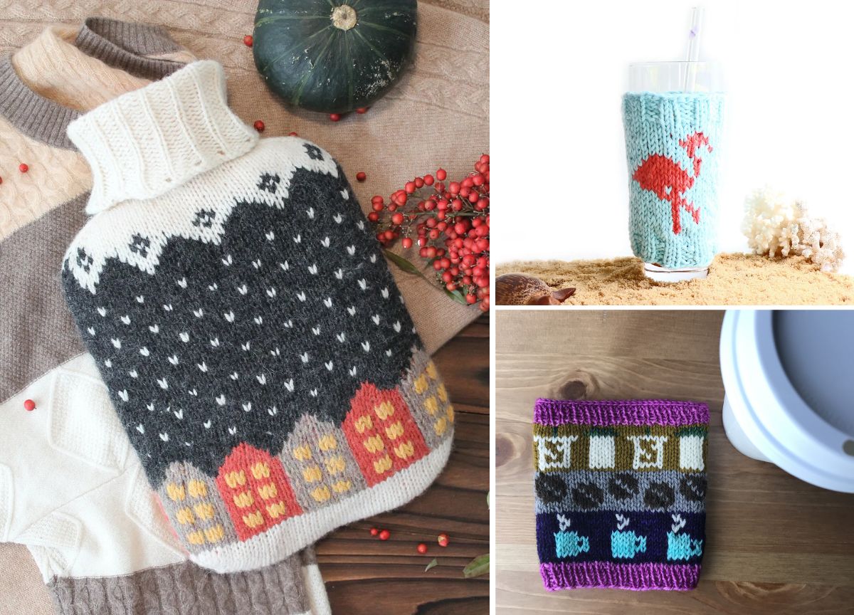 knitted cozies for cups and hot water bottle