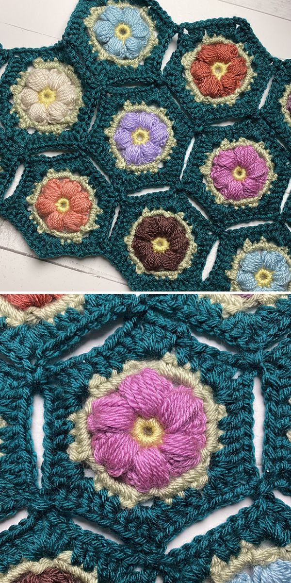 green crochet blanket with textural 3d floral motif