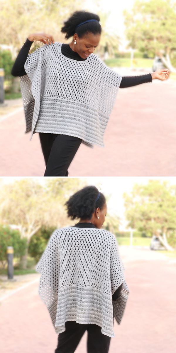 a woman in a light grey crochet poncho