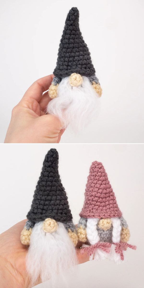 two crochet amigurumi gnome toys