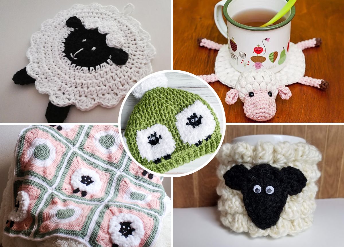 crochet items with sheep motifs