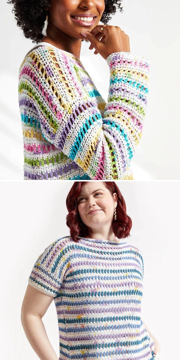 Two women wear colorful Crochet Pullover tops with horizontal stripes—one features long sleeves and openwork details, while the other has short sleeves and a denser stitch pattern.