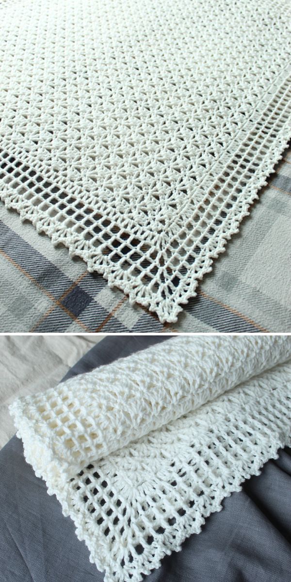 white lacy crochet blanket with decorative edging