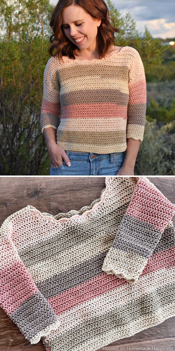 A woman wears a crochet pullover striped sweater in pink, beige, and gray tones; a second image shows the crochet pullover laid flat on a wooden surface.