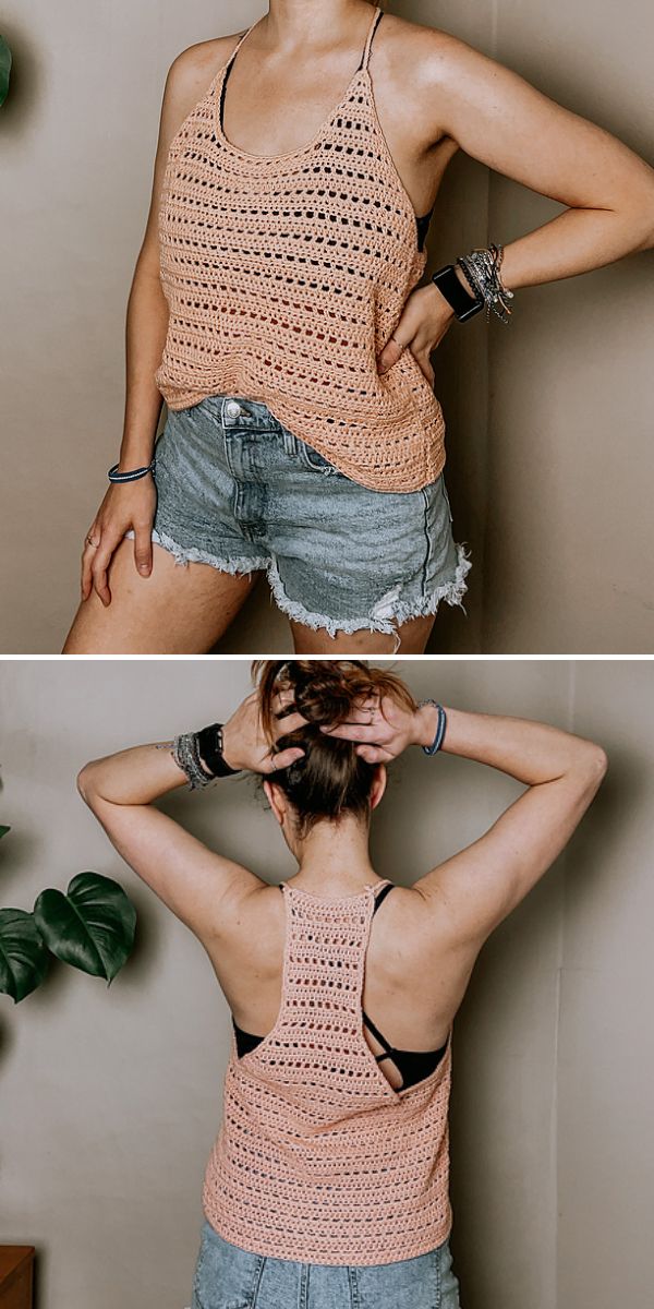 A person wearing a peach crochet tank top inspired by crochet plant hangers patterns, black bra, and denim shorts poses with hands on hips in one photo and hands up in the next, showing the front and back of the outfit.