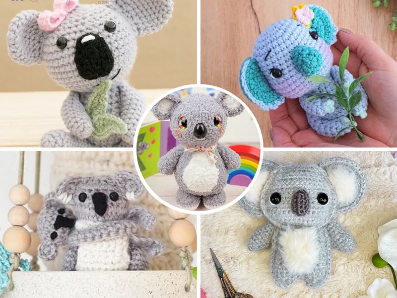 Collage of five crocheted koala plushies, each showcasing unique designs inspired by koala amigurumi patterns, displayed against various backgrounds.